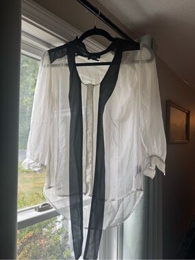 BCX White Sheer Button-Up Blouse with Black Tie Neck